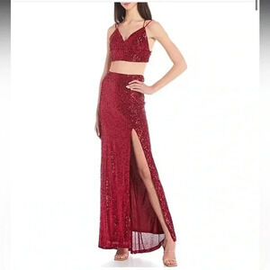 Jump Sequin-Embellished V-Neck Cropped Top & Long Skirt Two-Piece Dress
